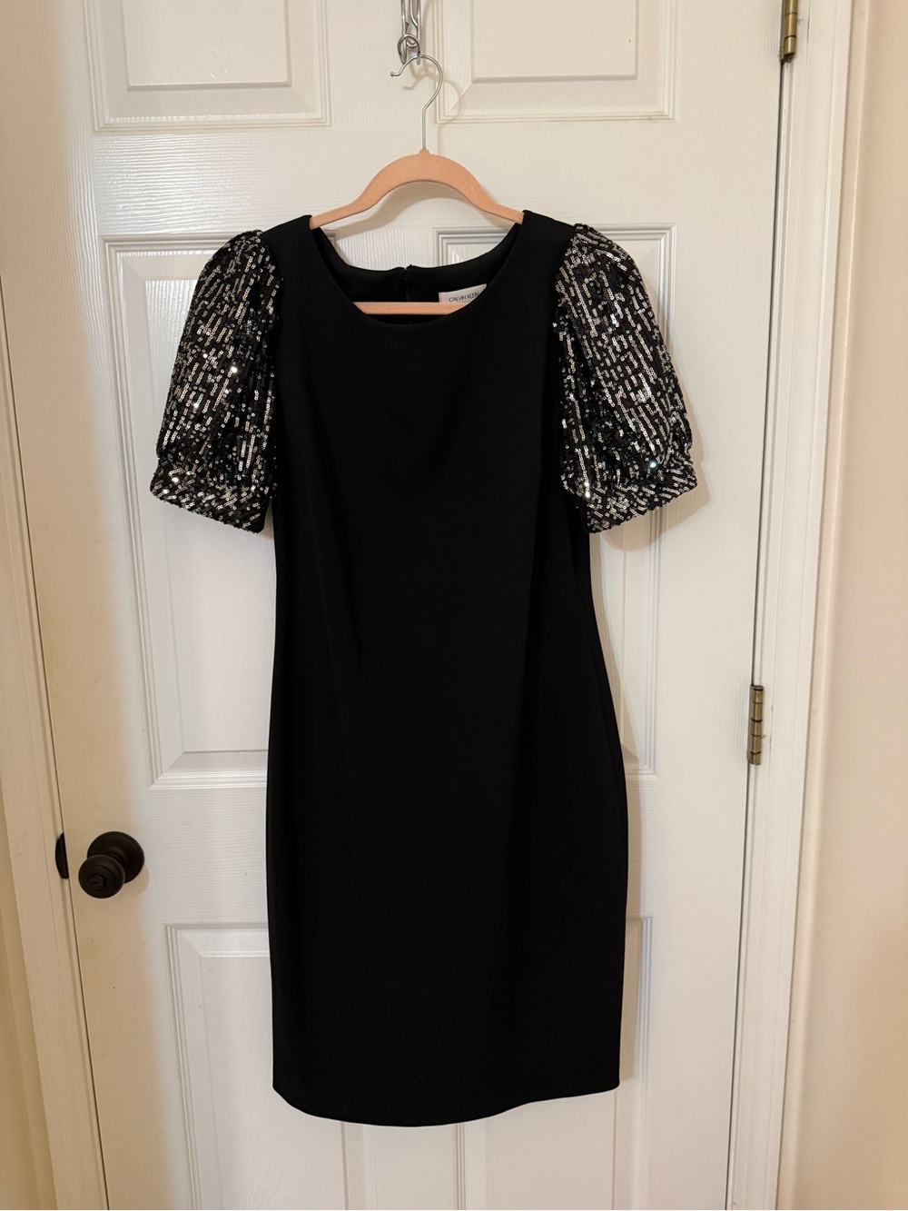 Calvin Klein Black Midi Dress with Sequin Puff Sleeves. Worn once!